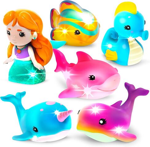 ألعاب الاستحمام المضيئة من Tub Works® Mermaid Lagoon™، عبوة من 6 قطع | ألعاب مضيئة تعمل بالماء فلاش وتغيير اللون | ألعاب استحمام سهلة الإمساك للأطفال والبنات الصغار | لعبة حوض الاستحمام الحسية حورية البحر مع أضواء الحمام in Kuwait