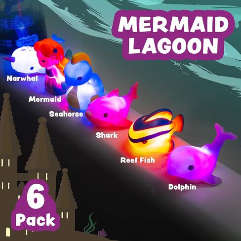 ألعاب الاستحمام المضيئة من Tub Works® Mermaid Lagoon™، عبوة من 6 قطع | ألعاب مضيئة تعمل بالماء فلاش وتغيير اللون | ألعاب استحمام سهلة الإمساك للأطفال والبنات الصغار | لعبة حوض الاستحمام الحسية حورية البحر مع أضواء الحمام in Kuwait