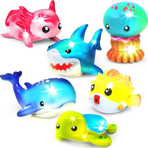 ألعاب الاستحمام المضيئة من Tub Works® Under the Sea™، عبوة من 6 قطع | ألعاب مضيئة تعمل بالماء فلاش وتغيير اللون | ألعاب استحمام للأطفال والرضع سهلة الإمساك | ألعاب حوض الاستحمام الحسية مع أضواء الحمام لحمام الأطفال in Kuwait