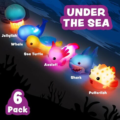 ألعاب الاستحمام المضيئة من Tub Works® Under the Sea™، عبوة من 6 قطع | ألعاب مضيئة تعمل بالماء فلاش وتغيير اللون | ألعاب استحمام للأطفال والرضع سهلة الإمساك | ألعاب حوض الاستحمام الحسية مع أضواء الحمام لحمام الأطفال in Kuwait