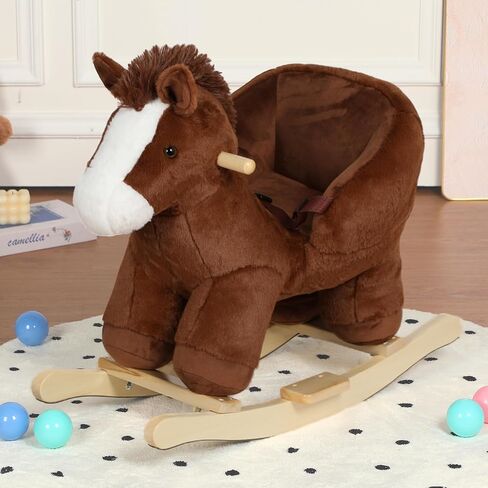 Pony Baby Rocking Horse for Toddlers 1 Years to 3 Years, Stuffed Plush Ride-on Rocking Animal with Realistic Sound and Music, Wooden Rocking Toy with Seat, Brown Horse, CPC Certified in Kuwait