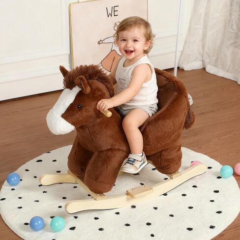 Pony Baby Rocking Horse for Toddlers 1 Years to 3 Years, Stuffed Plush Ride-on Rocking Animal with Realistic Sound and Music, Wooden Rocking Toy with Seat, Brown Horse, CPC Certified in Kuwait
