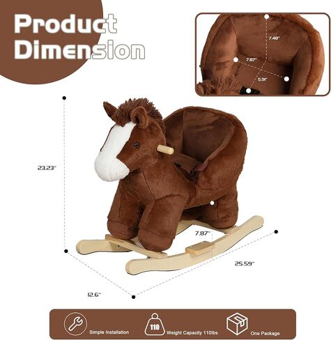 Pony Baby Rocking Horse for Toddlers 1 Years to 3 Years, Stuffed Plush Ride-on Rocking Animal with Realistic Sound and Music, Wooden Rocking Toy with Seat, Brown Horse, CPC Certified in Kuwait