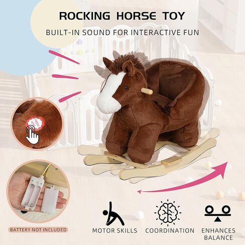 Pony Baby Rocking Horse for Toddlers 1 Years to 3 Years, Stuffed Plush Ride-on Rocking Animal with Realistic Sound and Music, Wooden Rocking Toy with Seat, Brown Horse, CPC Certified in Kuwait