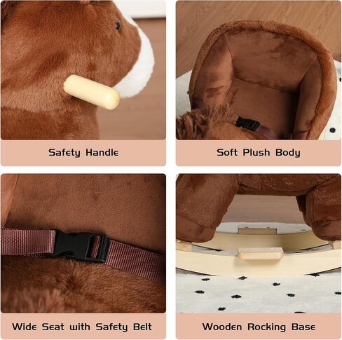 Pony Baby Rocking Horse for Toddlers 1 Years to 3 Years, Stuffed Plush Ride-on Rocking Animal with Realistic Sound and Music, Wooden Rocking Toy with Seat, Brown Horse, CPC Certified in Kuwait