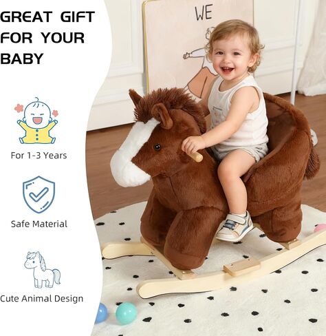 Pony Baby Rocking Horse for Toddlers 1 Years to 3 Years, Stuffed Plush Ride-on Rocking Animal with Realistic Sound and Music, Wooden Rocking Toy with Seat, Brown Horse, CPC Certified in Kuwait