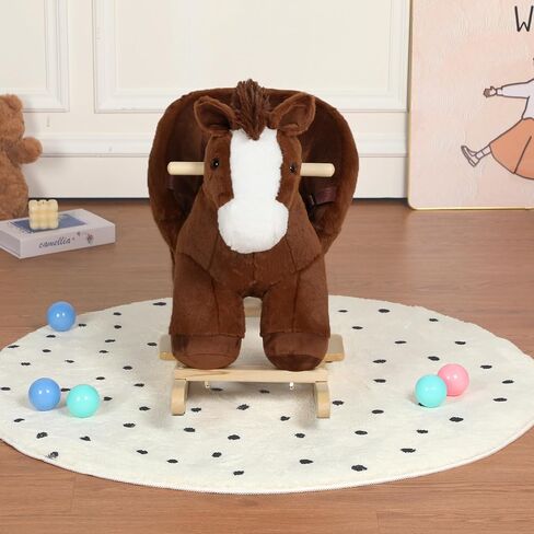 Pony Baby Rocking Horse for Toddlers 1 Years to 3 Years, Stuffed Plush Ride-on Rocking Animal with Realistic Sound and Music, Wooden Rocking Toy with Seat, Brown Horse, CPC Certified in Kuwait