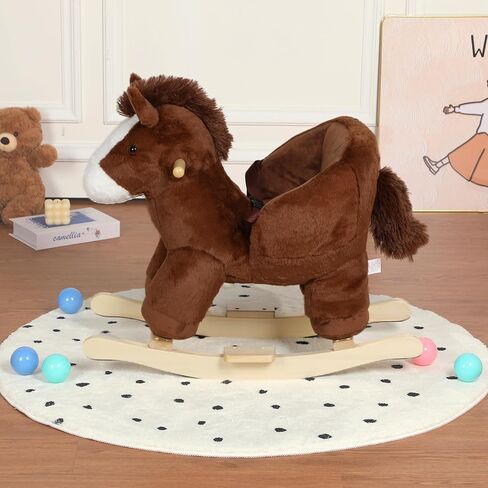 Pony Baby Rocking Horse for Toddlers 1 Years to 3 Years, Stuffed Plush Ride-on Rocking Animal with Realistic Sound and Music, Wooden Rocking Toy with Seat, Brown Horse, CPC Certified in Kuwait