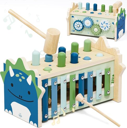 Lehoo Castle Baby Montessori Toys for 1 2 Year Old, Wooden Hammering Pounding Toy with Xylophone, Educational Learning Activities for 1 2 3 Year Old Boys First Christmas Birthday Gifts - Dinosaur in Kuwait