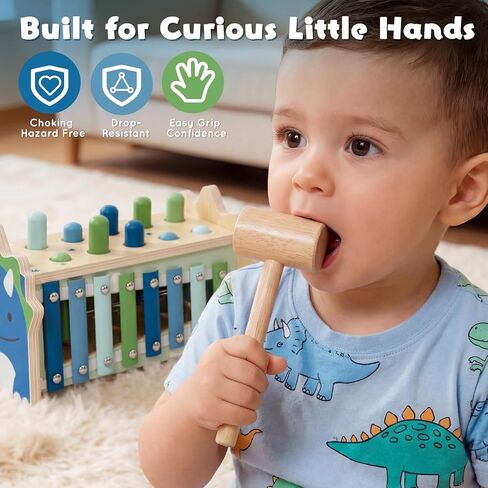 Lehoo Castle Baby Montessori Toys for 1 2 Year Old, Wooden Hammering Pounding Toy with Xylophone, Educational Learning Activities for 1 2 3 Year Old Boys First Christmas Birthday Gifts - Dinosaur in Kuwait