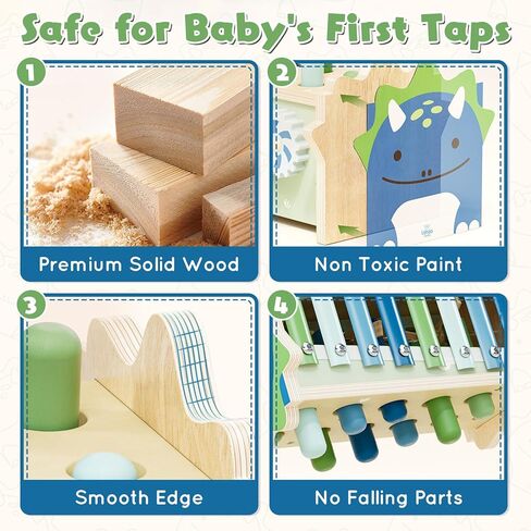 Lehoo Castle Baby Montessori Toys for 1 2 Year Old, Wooden Hammering Pounding Toy with Xylophone, Educational Learning Activities for 1 2 3 Year Old Boys First Christmas Birthday Gifts - Dinosaur in Kuwait