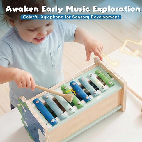 Lehoo Castle Baby Montessori Toys for 1 2 Year Old, Wooden Hammering Pounding Toy with Xylophone, Educational Learning Activities for 1 2 3 Year Old Boys First Christmas Birthday Gifts - Dinosaur in Kuwait