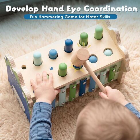 Lehoo Castle Baby Montessori Toys for 1 2 Year Old, Wooden Hammering Pounding Toy with Xylophone, Educational Learning Activities for 1 2 3 Year Old Boys First Christmas Birthday Gifts - Dinosaur in Kuwait