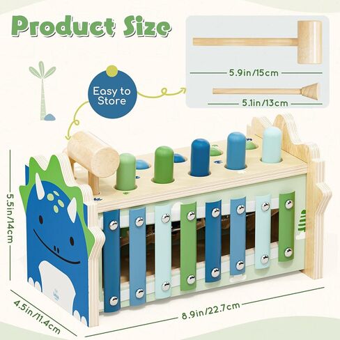 Lehoo Castle Baby Montessori Toys for 1 2 Year Old, Wooden Hammering Pounding Toy with Xylophone, Educational Learning Activities for 1 2 3 Year Old Boys First Christmas Birthday Gifts - Dinosaur in Kuwait