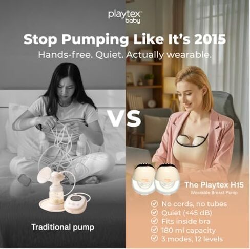Playtex Baby Electric Breast Pump (H15 Wearable Model), Hands-Free in-Bra Pump, 3 Modes, 12 Levels, Quiet Operation, 180ml Capacity in Kuwait
