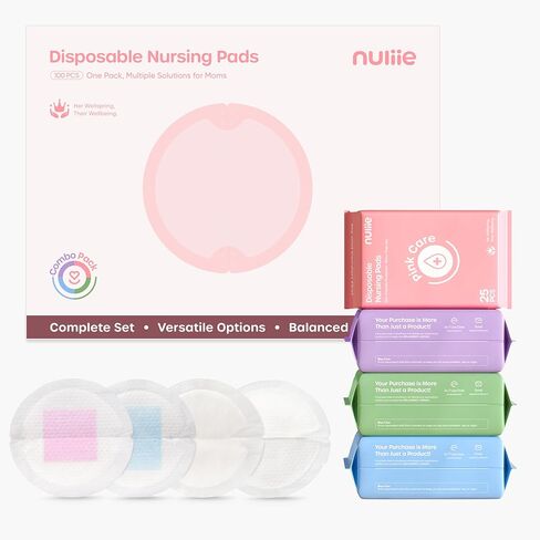 Nuliie 100 PCS Disposable Nursing Pads, Ideal for First-Time Buyers to Find Perfect Match, 4 Materials Trial (Viscose from Bamboo, Classic, Blue Core, Pink Care), Breastfeeding Essentials for New Moms in Kuwait