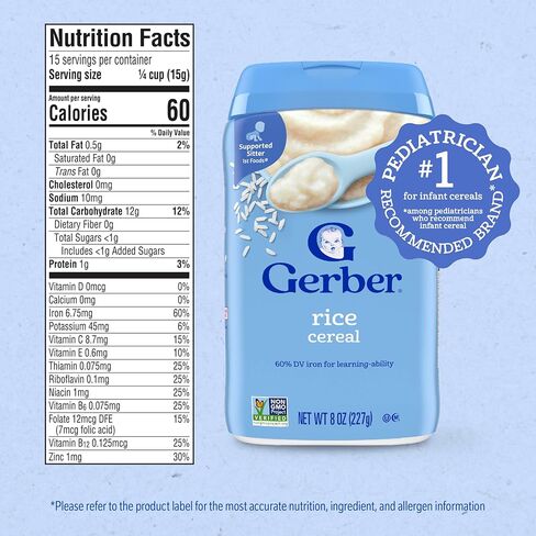 Gerber Stage 1 Baby Food, Baby Rice Cereal, Iron, Zinc & Vitamin B12, Infant Cereal in Kuwait