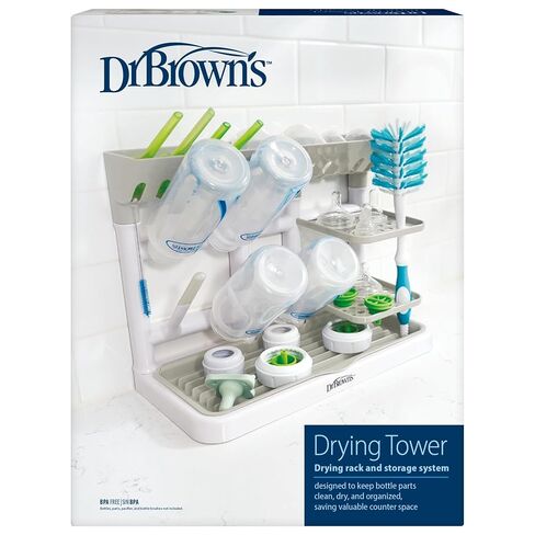 Dr. Brown's Baby Bottle Drying Tower, Stand-Up Countertop Drying Rack with Organized Storage for Baby Essentials, Space Saving Vertical Rack, Gray/White in Kuwait