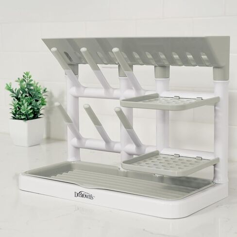 Dr. Brown's Baby Bottle Drying Tower, Stand-Up Countertop Drying Rack with Organized Storage for Baby Essentials, Space Saving Vertical Rack, Gray/White in Kuwait