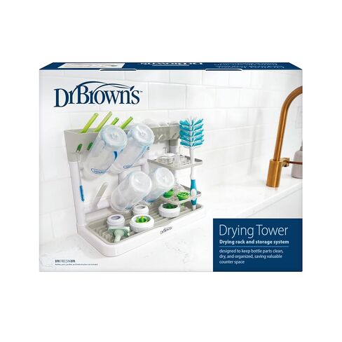 Dr. Brown's Baby Bottle Drying Tower, Stand-Up Countertop Drying Rack with Organized Storage for Baby Essentials, Space Saving Vertical Rack, Gray/White in Kuwait