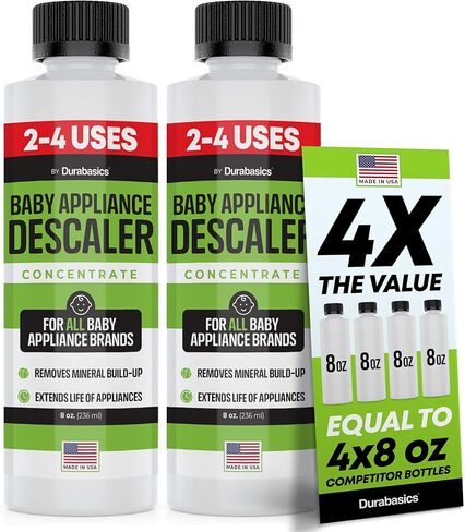 Durabasics [عبوة من قطعتين] مزيل الترسبات معقم زجاجات الأطفال - متوافق مع معقمات Baby Brezza - تركيبة حمض الستريك، عديم الرائحة، يساعد على إزالة التراكمات المعدنية - صنع في الولايات المتحدة الأمريكية - 16oz in Kuwait