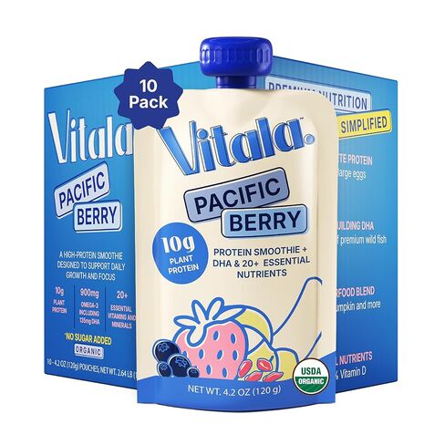 Vitala Organic Protein Smoothie Pouches for Kids & Adults, 10g Plant Protein, 135mg DHA 900mg Omega-3, Real Vegetables, No Added Sugar, Allergen Free, Ivy League Developed, 10 Count (Pacific Berry) in Kuwait