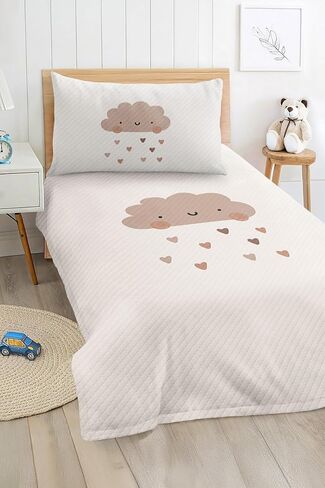 Pique Set Twin Size Cloud and Heart Rain Beige Minimalist Baby and Kids Bedding Set, Soft Cotton Polyester Blend, 2 Piece Set - Multicolor, One Size in Kuwait