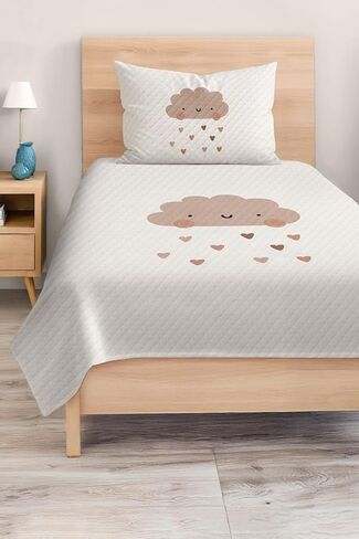 Pique Set Twin Size Cloud and Heart Rain Beige Minimalist Baby and Kids Bedding Set, Soft Cotton Polyester Blend, 2 Piece Set - Multicolor, One Size in Kuwait