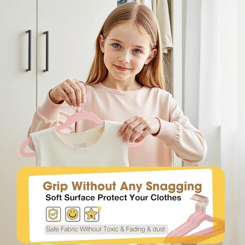 Kids Hangers 50 Pack,14 Inch Kids Velvet Hangers Slim & Space-Saving,Baby Clothes Hangers with 360 Swivel Hook,Heavy Duty Hanger for Infant & Childrens Coats, Pants,and Dress (Pink) in Kuwait