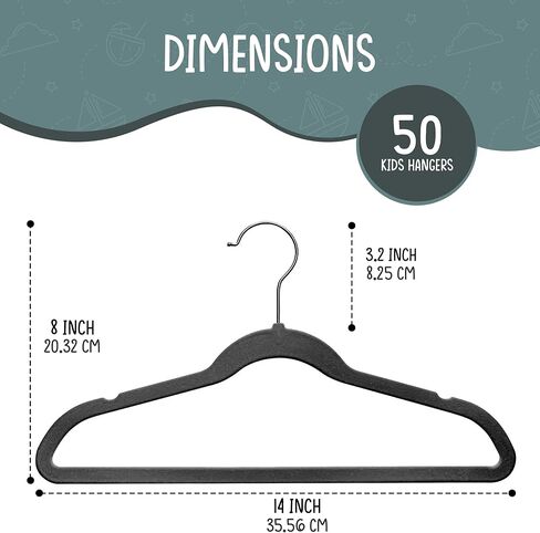 TechZoo 50 Premium Kids Velvet Hangers - 14" Non-Slip Clothes Hangers for Kids & Preteens - Ultra Slim, Space-Saving, Strong & Durable Hangers with 360° Swivel Hook - Black in Saudi Arabia