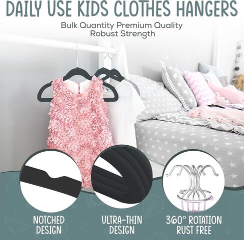 TechZoo 50 Premium Kids Velvet Hangers - 14" Non-Slip Clothes Hangers for Kids & Preteens - Ultra Slim, Space-Saving, Strong & Durable Hangers with 360° Swivel Hook - Black in Saudi Arabia
