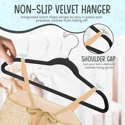 TechZoo 50 Premium Kids Velvet Hangers - 14" Non-Slip Clothes Hangers for Kids & Preteens - Ultra Slim, Space-Saving, Strong & Durable Hangers with 360° Swivel Hook - Black in Saudi Arabia