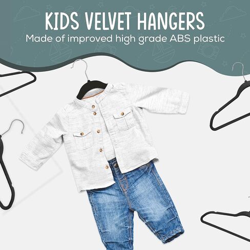 TechZoo 50 Premium Kids Velvet Hangers - 14" Non-Slip Clothes Hangers for Kids & Preteens - Ultra Slim, Space-Saving, Strong & Durable Hangers with 360° Swivel Hook - Black in Saudi Arabia
