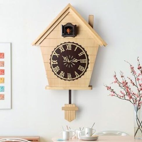 Wooden Cuckoo Wall Clock, Modern Minimalist Style, Silent Smart Hourly Chime, Bird Time-Telling, for Living Room or Children's Room (Wood Colored Wooden Plate) in Saudi Arabia