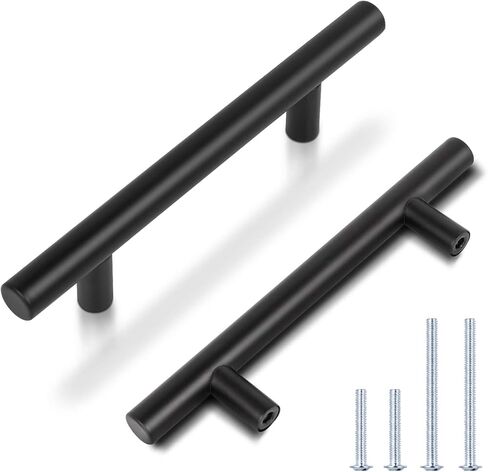 KNOBWELL 6 Pack 3-3/4" Black Drawer Pulls, T Bar Modern Kitchen Cupboard Handles Bathroom Cabinet Pulls, Round Black Handles 5-9/10 Inch Length in Kuwait