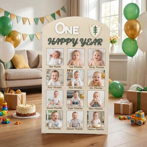 Cinnvoice One Happy Camper 1st Birthday Photo Board Camping First Birthday Wooden Decorative Board Milestone Monthly Photo Props Gift Supplies for Party Commemorative Events in Kuwait