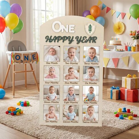 Cinnvoice One Happy Camper 1st Birthday Photo Board Camping First Birthday Wooden Decorative Board Milestone Monthly Photo Props Gift Supplies for Party Commemorative Events in Kuwait