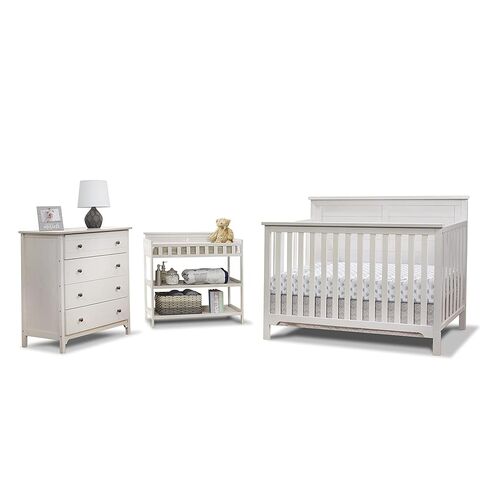 Sorelle Furniture Farmhouse 3-Piece Nursery Set with 4-in-1 Convertible Crib, 4-Drawer Dresser, and Changing Table with Shelves, Baby Furniture Made of Wood, Non-Toxic Finish-Weathered White in Saudi Arabia