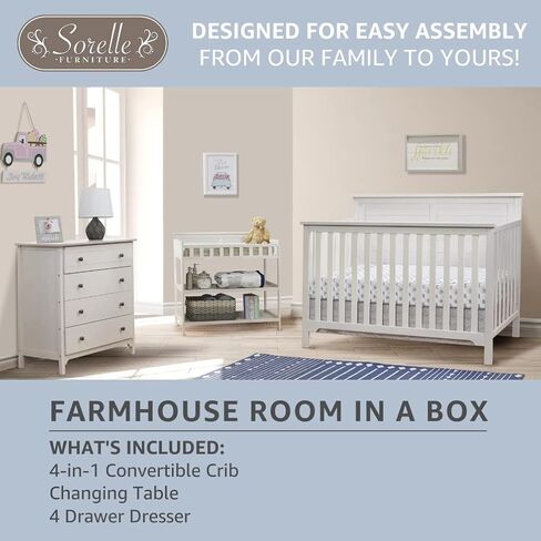 Sorelle Furniture Farmhouse 3-Piece Nursery Set with 4-in-1 Convertible Crib, 4-Drawer Dresser, and Changing Table with Shelves, Baby Furniture Made of Wood, Non-Toxic Finish-Weathered White in Saudi Arabia