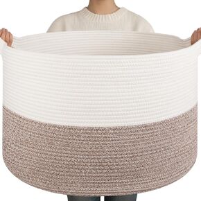OIAHOMY 90L XXXLarge Blanket Basket for Living Room, 21.7" x 13.8" Woven Cotton Rope Laundry Basket for Organizing Pillows, Decorative Stuffed Animal Toy Storage Bin for Nursery, White and Linen Brown in Kuwait