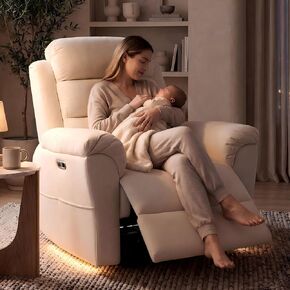 كرسي FLEXISPOT Souffle-Pro Swivel Rocker Recliner مع ضوء ليلي، كرسي شراعية كهربائي للحضانة مع تدليك وحرارة، مسند رأس قابل للتعديل، قماش Oeko-TEX، مثالي للحضانة والاسترخاء المنزلي، كريمي in Kuwait
