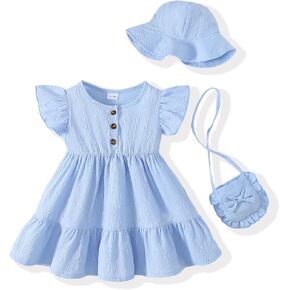 Baby Girl Clothes Toddler Girl Summer Dress Ruffle Fly Sleeve Casual Dresses Sundress for Girls with Hat and Bag in Kuwait