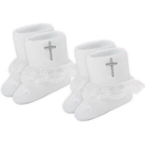 Baby Baptism Socks, 2 Pairs White Christening Socks with Cross Embroidery, Seamless Cotton, Lace & Turn Cuff in Kuwait