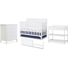 مجموعة حضانة SORELLE FURNITURE مكونة من 4 قطع مع سرير قابل للتحويل 4 في 1، وخزانة ذات 4 أدراج، وطاولة تغيير وسكة تعليق للأطفال الصغار، وأثاث مصنوع من الخشب، ولمسة نهائية، ومجموعة أثاث الحضانة - أبيض in Kuwait
