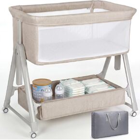 سرير أطفال Cowiewie Bassinet بجانب السرير، سرير أطفال 3 في 1 مزود بمرتبة وعجلات، سرير محمول سهل الطي بجانب السرير للطفل مع حقيبة تخزين وسفر، شبكة مسامية، ثابت وآمن، بيج in Kuwait
