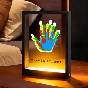 Bixinyo Family Handprint Kit with Light, Baby Hand and Footprint Keepsake Wooden Frame, Family Gifts for Mom, Women, New Parents, Mother's Day, Adoption Gifts, 5 Non-Toxic Paints (Light, Black) in Saudi Arabia