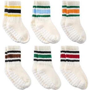 Belsmi Toddler Grip Socks with Non-Slip, Retro Stripe Crew Thick Cotton Socks for Baby, 6 Pairs in Saudi Arabia