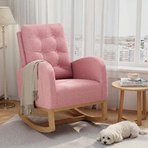 Modern Rocking Chair for Living Room, Comfortable Recliner Rocker with Side Pocket, Soft Linen Upholstered Glider Chair for Bedroom, Nursery, Lounge-Beige in Kuwait