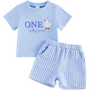 Eadrioss Baby Boy Girl First Birthday Outfit One Silly Goose Print Short Sleeve Shirts and Checkered Shorts Set in Kuwait