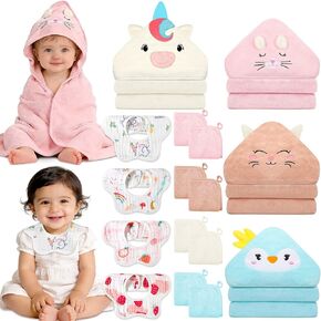 Flasoo 4 PCS Baby Towels Set, Soft Baby Towels and Washcloths Set, 1 Hooded Baby Towel and 3 Baby Washcloths for Newborns, Toddlers, and Kids, 32x32 Baby Towel with Hood for Boy and Girl (Pink Duck) in Kuwait